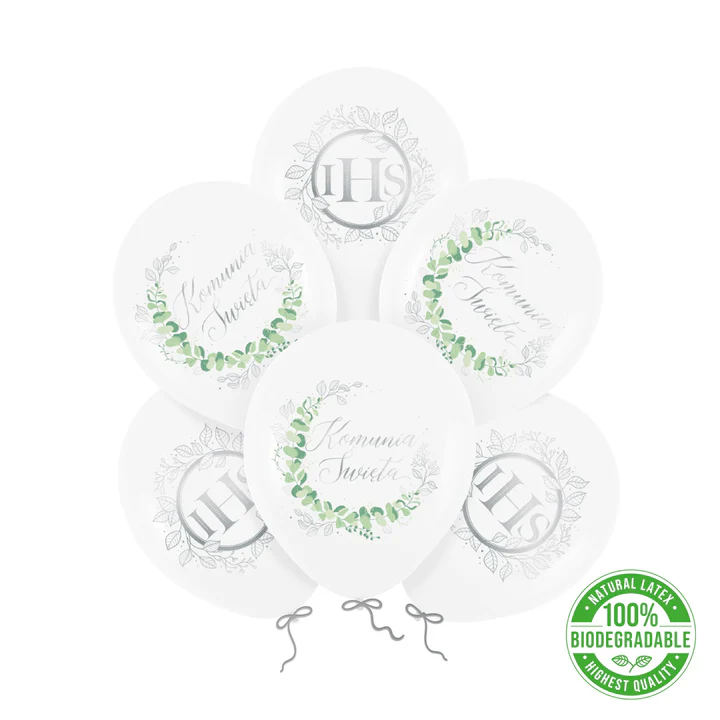 Balony komunijne srebrny eukaliptus zestaw 6 szt